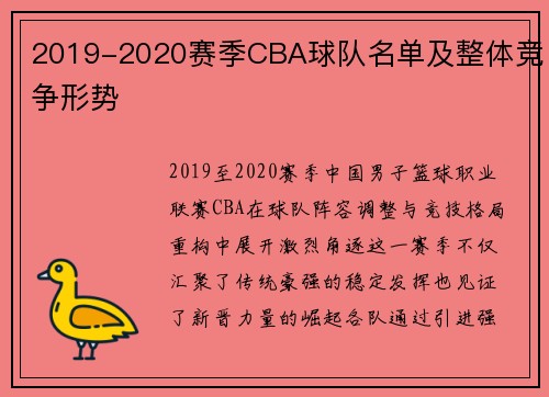 2019-2020赛季CBA球队名单及整体竞争形势