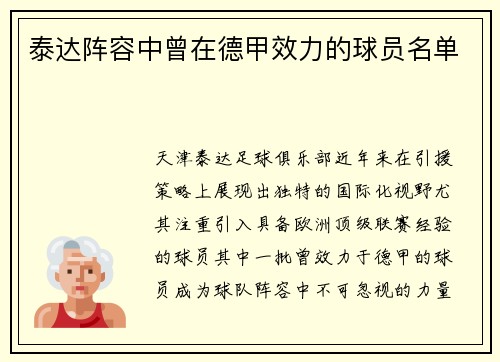 泰达阵容中曾在德甲效力的球员名单